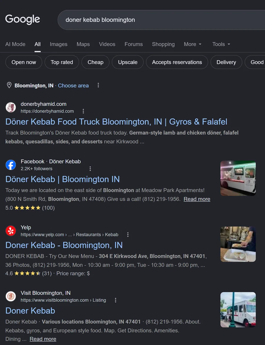 Google search results for doner kebab bloomington with donerbyhamid.com as the first result
