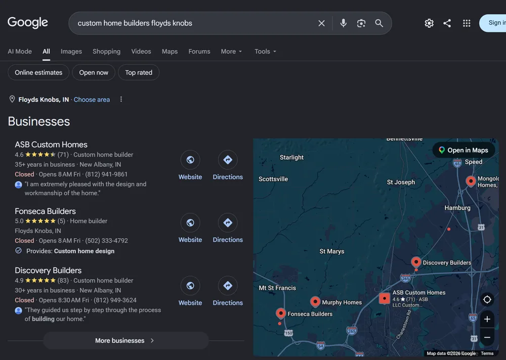 Google map results for custom home builders floyds knobs with Fonseca Builders listed second