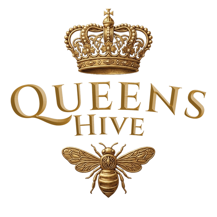 Queen's Hive logo: a gold crown above the words Queens Hive with a detailed bee