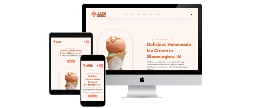 Ale's Ice Cream shop website shown on desktop, laptop, tablet, and phone