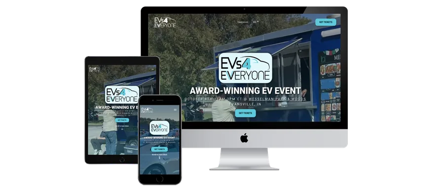 EVs 4 EVVeryone electric vehicle event website shown on desktop, tablet, and phone
