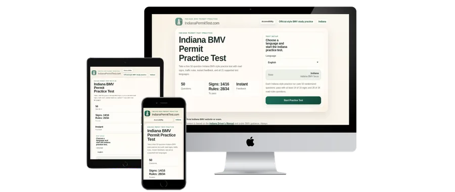 Indiana BMV permit practice test website shown on desktop, tablet, and phone