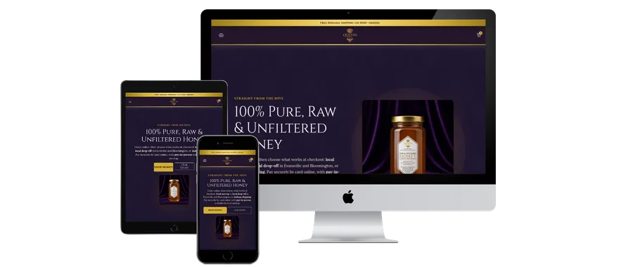 Queens Hive honey shop website shown on desktop, tablet, and phone